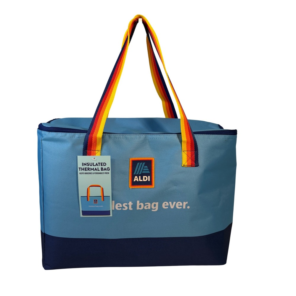 Aldi Insulated Thermal Bag 19x13x7 Blue Rainbow Stripe Coolest Bag Ever NWT